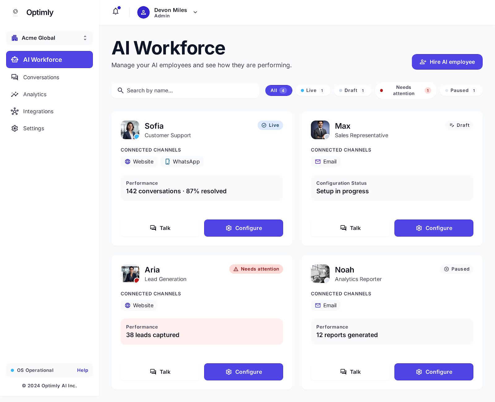 AI Workforce showing employees in different states: Live, Draft, Needs attention, Paused