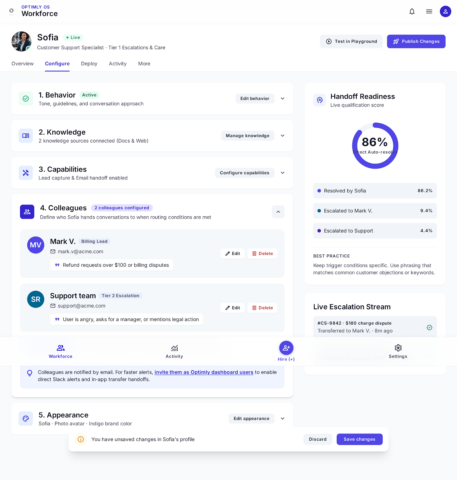 Colleagues section expanded showing Mark V. (Billing Lead) and Support team escalation paths with trigger conditions, and a Live Escalation Stream on the right