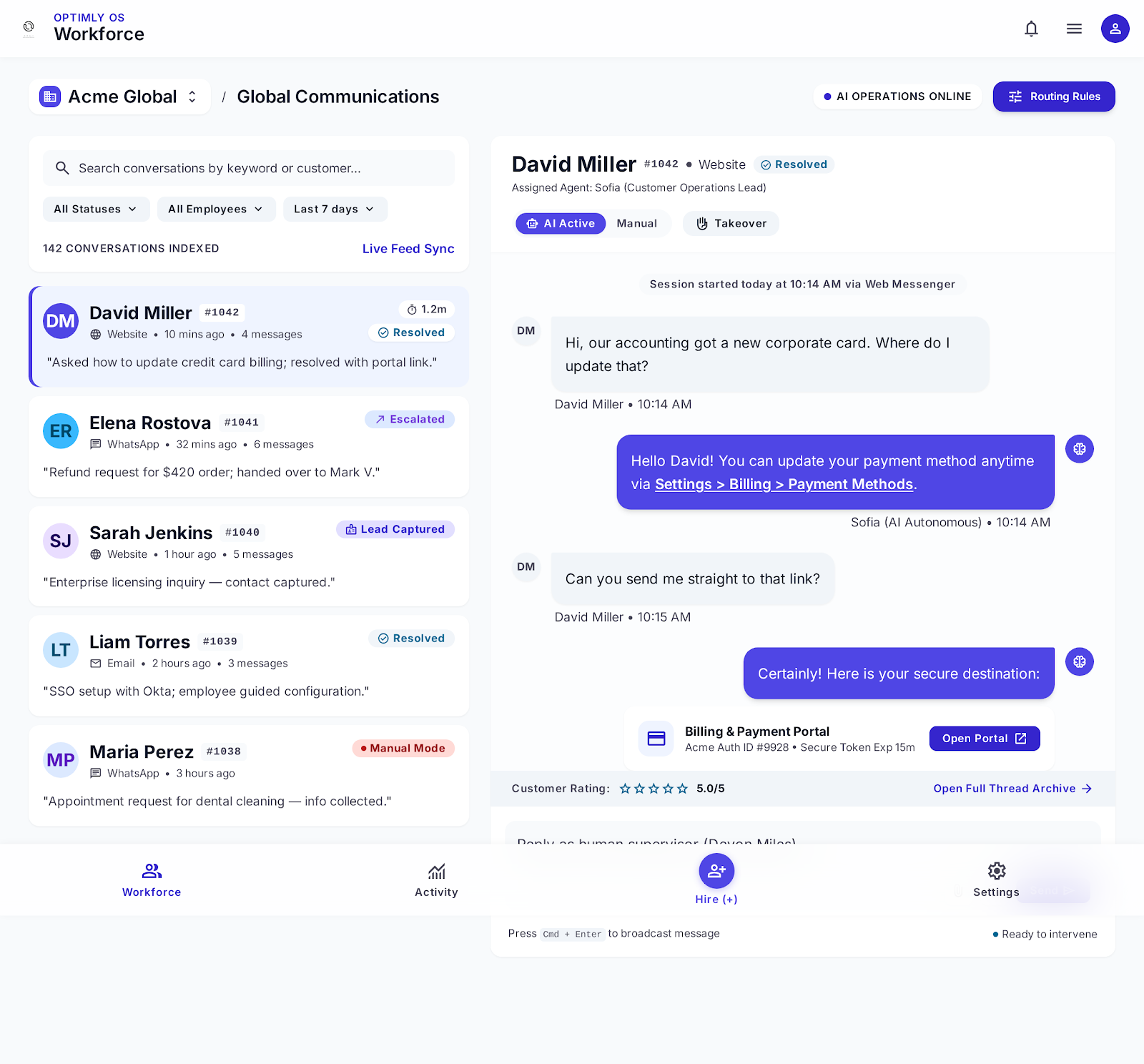 Optimly conversations view for reviewing WhatsApp interactions