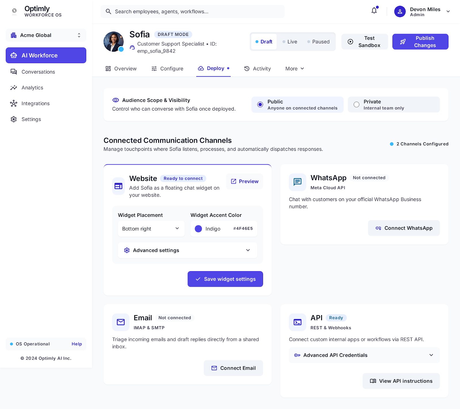 Optimly Deploy tab showing the channel grid: Website is expanded with widget placement (bottom right), accent color (Indigo), allowed domains, and an embed script ready to copy; WhatsApp, Email, and API cards sit alongside it
