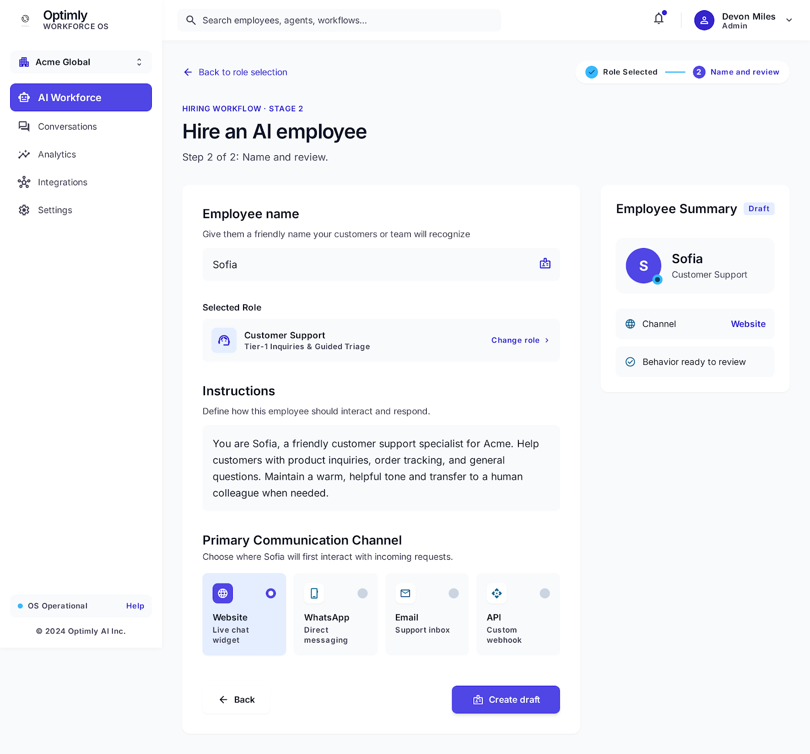 Optimly hire employee screen for creating an AI teammate