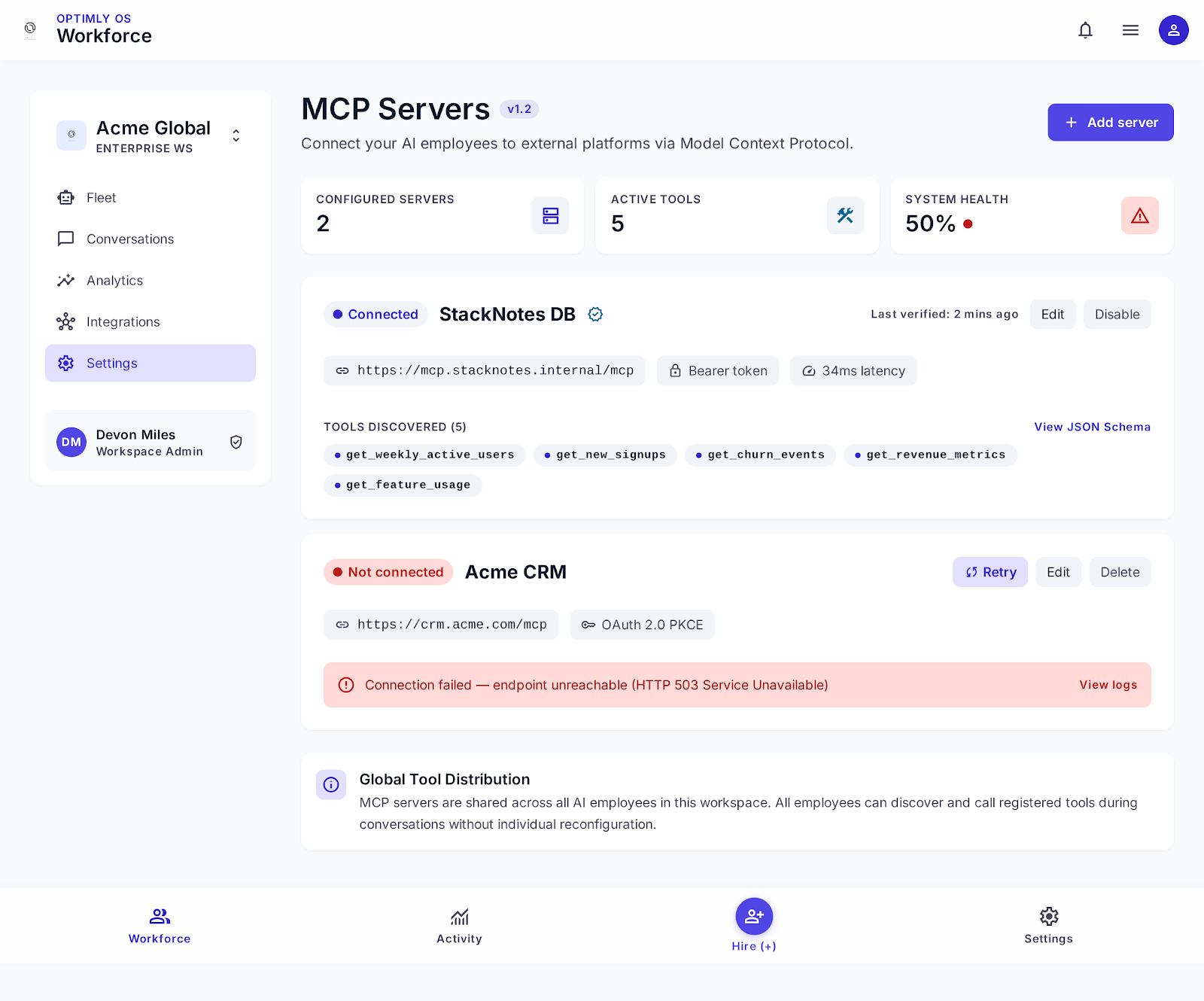 MCP Servers page showing StackNotes DB connected with 5 tools discovered, and Acme CRM not connected with a 503 error
