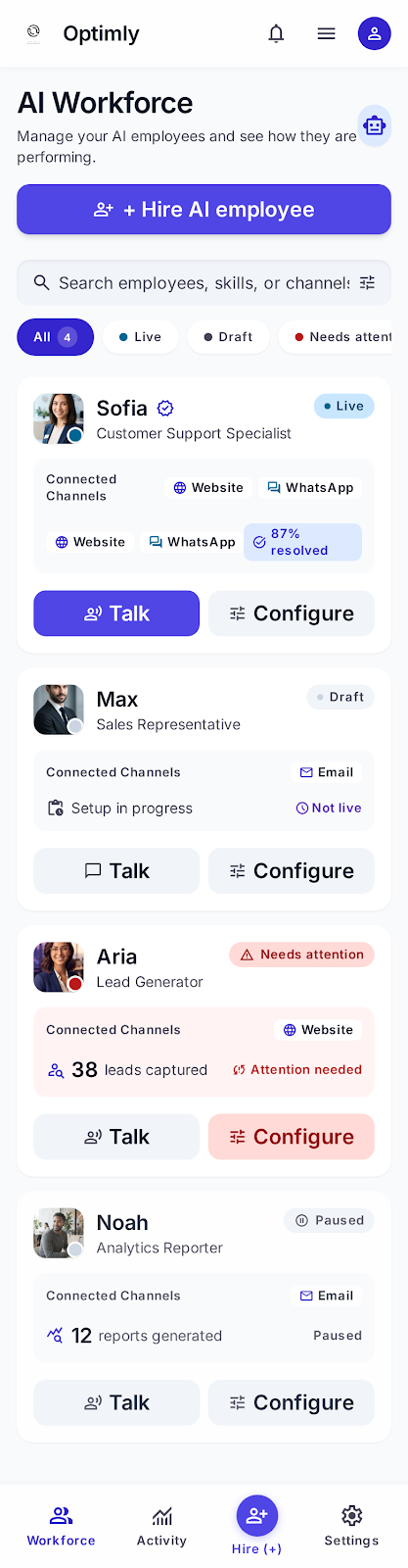 Optimly mobile AI Workforce screen showing employee cards for Sofia (Live, Website + WhatsApp, 87% resolved), Max (Draft), Aria (Needs attention, 38 leads), and Noah (Paused)